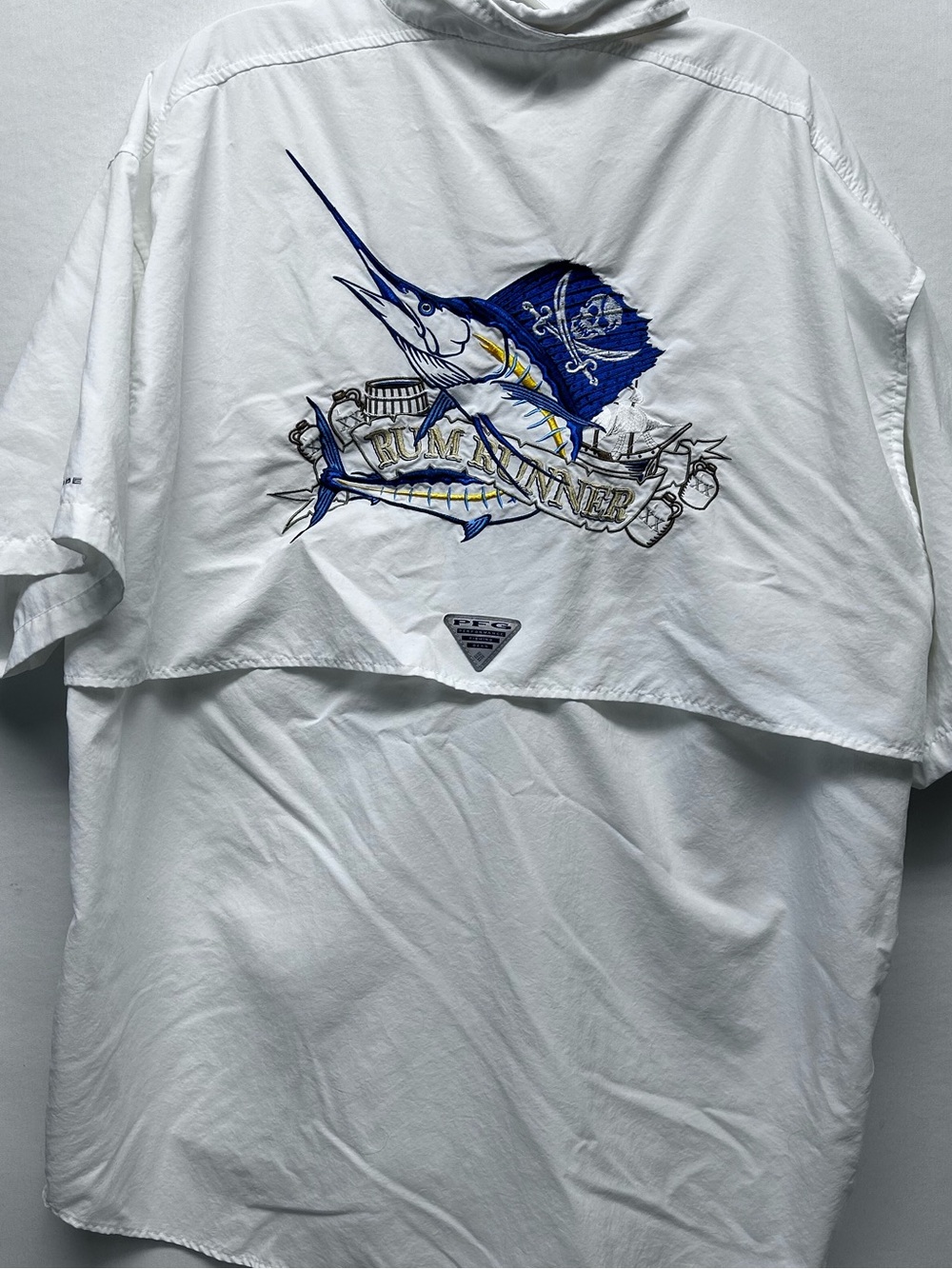 White Short-Sleeve Fishing Graphic Shirt with Blue Marlin